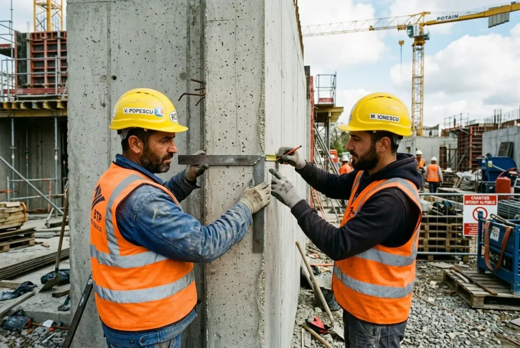 Deux ouvriers portant casques et gilets orange travail sur une construction, posant un béton préfabriqué ensemble, à l’arrière-plan grues et chantier. agence intérim roumaine france intégrée.