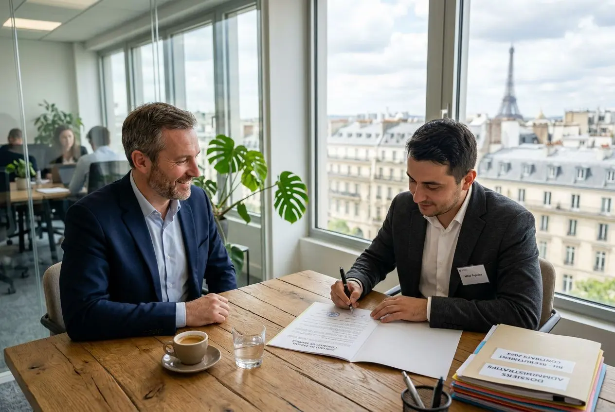 Deux professionnels signent un contrat dans un bureau lumineux, avec vue sur Paris et l’Eiffel Tower en arrière-plan.