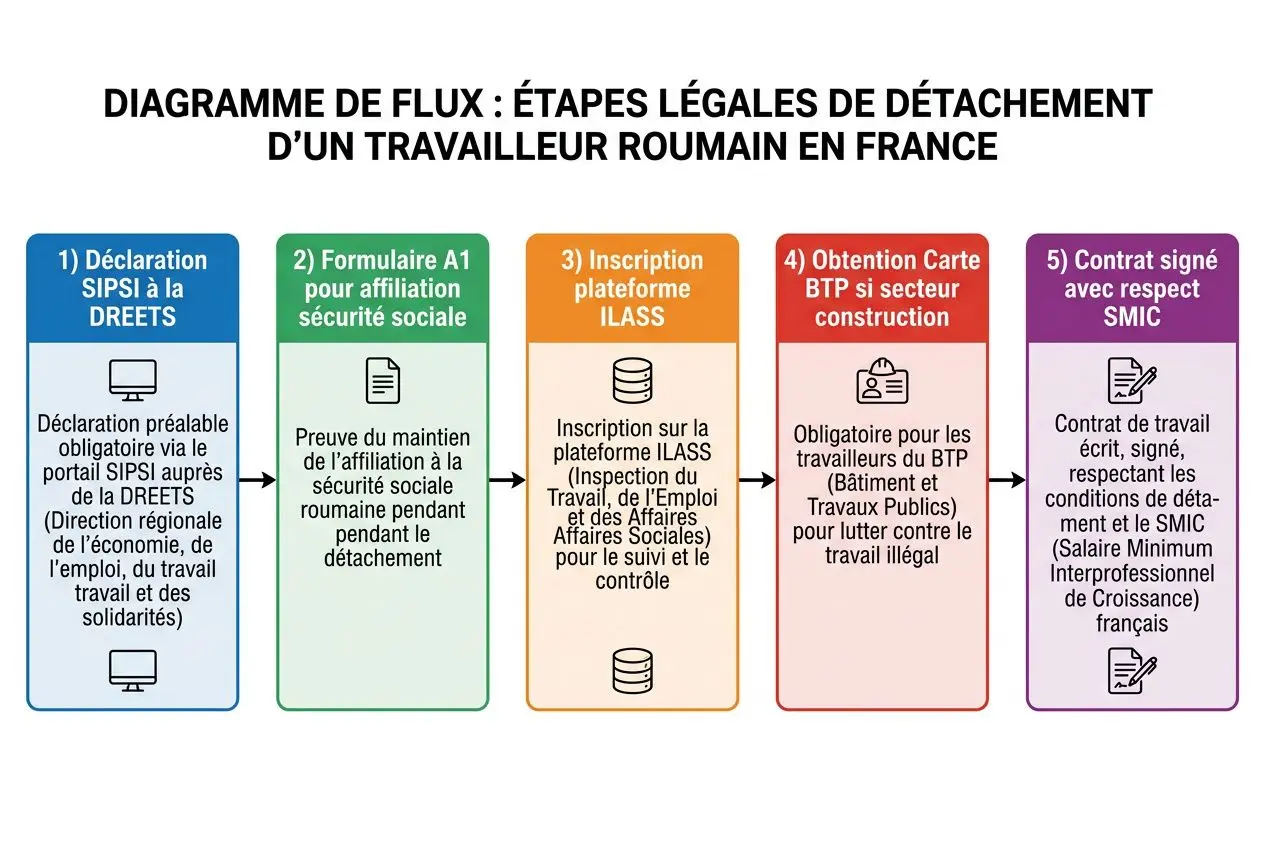 Diagramme de flux présentant les étapes légales du détachement d’un travailleur roumain en France, avec mentions agence intérim roumaine france.