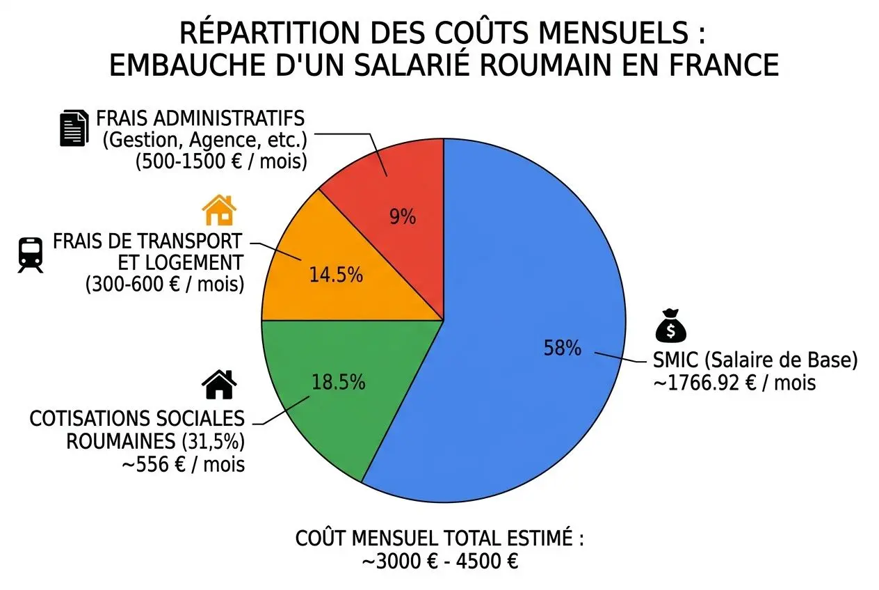 Diagramme montrant la répartition des coûts mensuels pour l’embauche d’un salarié roumain en France: ainsi que les pourcentages et montants (SMIC, cotisations, frais administratifs, transport et logement). Comment embaucher légalement un travailleur roumain en France, avec coût total estimé de 3000-4500 €.