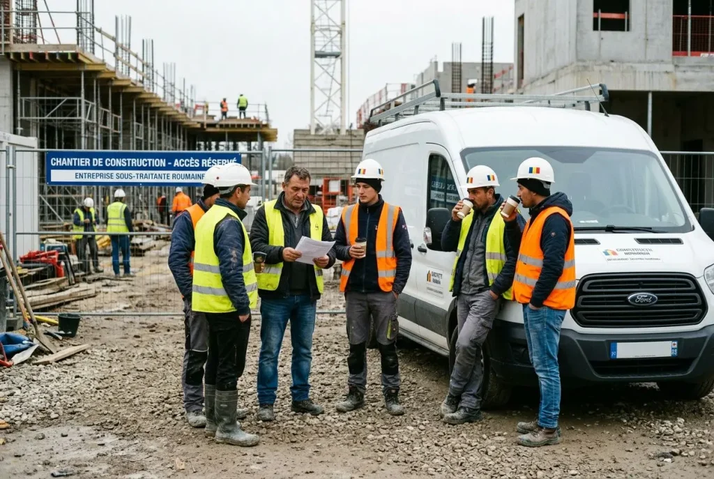 Groupe de travailleurs sur un chantier de construction, discutant près d’un camion blanc et d’un panneau “Chantier de construction – accès réservé”, portant gilets et casques de sécurité. détachement salariés roumains france