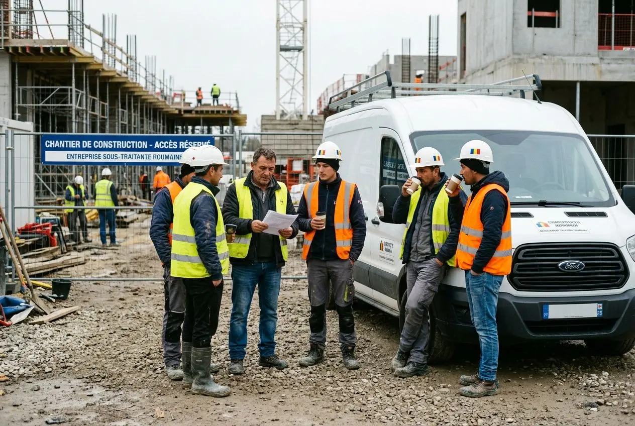 Groupe de travailleurs sur un chantier de construction, discutant près d’un camion blanc et d’un panneau “Chantier de construction – accès réservé”, portant gilets et casques de sécurité. détachement salariés roumains france