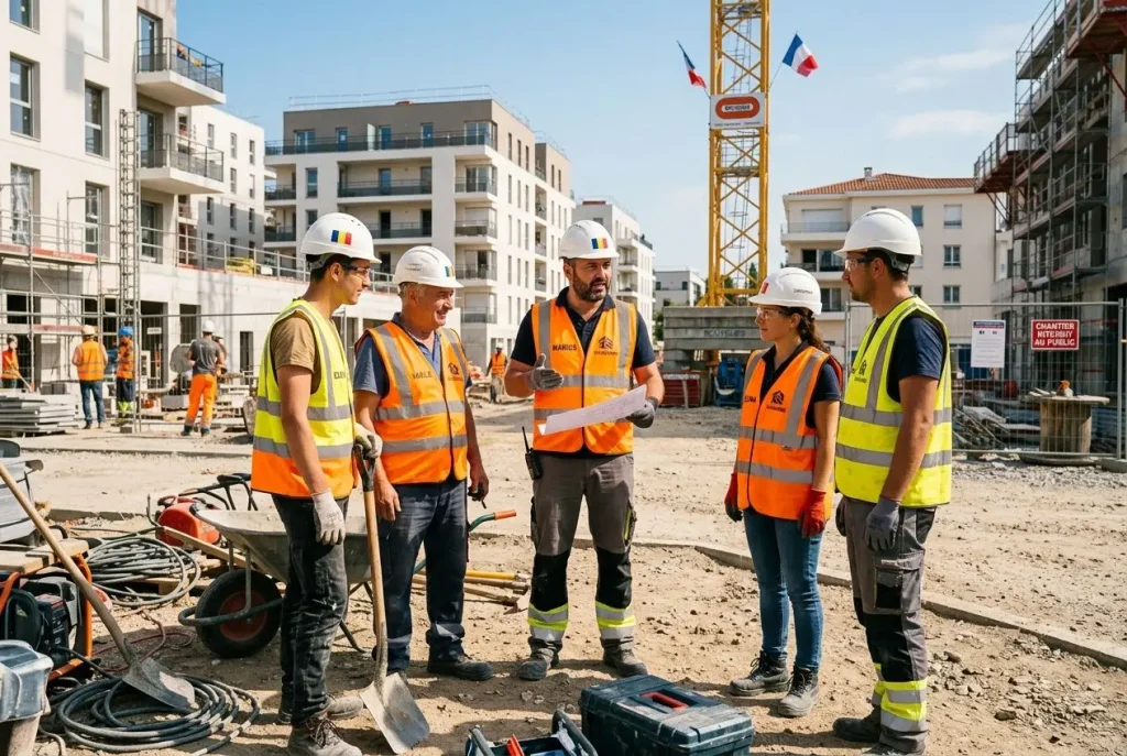 Groupe de travailleurs sur un chantier de construction, portant casques et gilets orange, écoutant un chef de chantier avec plans. agence interim travail temporaire roumanie france