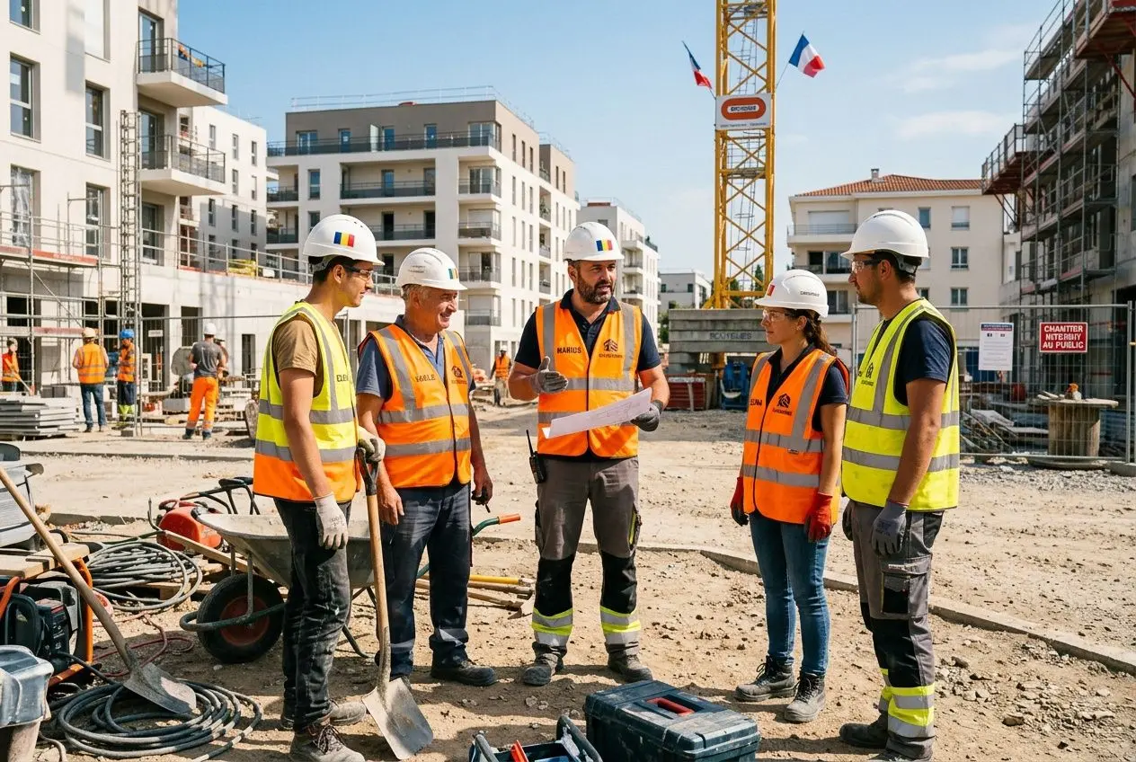 Groupe de travailleurs sur un chantier de construction, portant casques et gilets orange, écoutant un chef de chantier avec plans. agence interim travail temporaire roumanie france