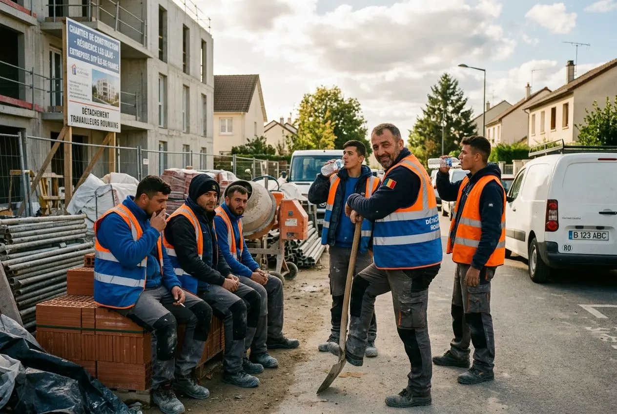 Groupe de travailleurs détachés roumains en chantier, certains assis et d’autres debout en gilets orange, discutant près d’outils et de matériaux de construction dans une ville française. intérêt: détachement salariés roumains france.