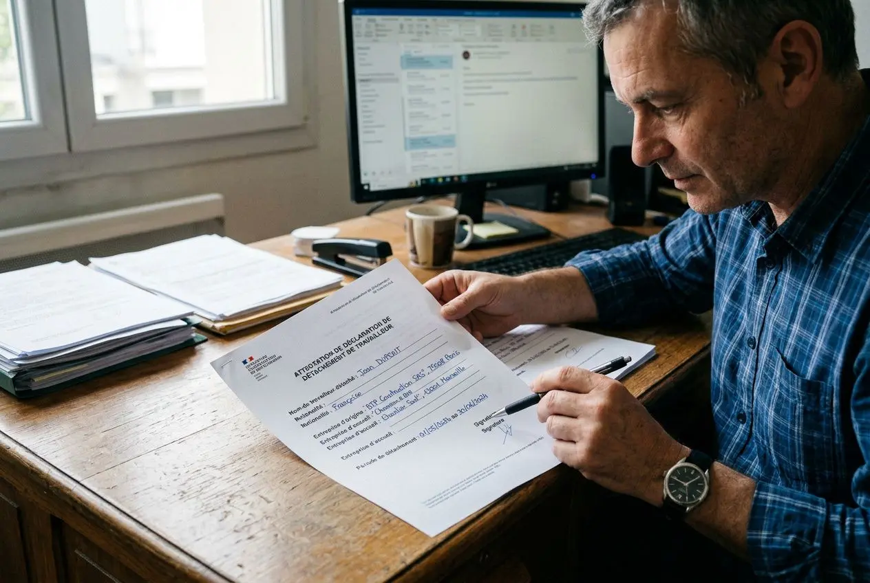 Homme tenant une attestation de déclaration préalable de détachement et la signant sur un bureau, écran d’ordinateur et documents à portée de main.
