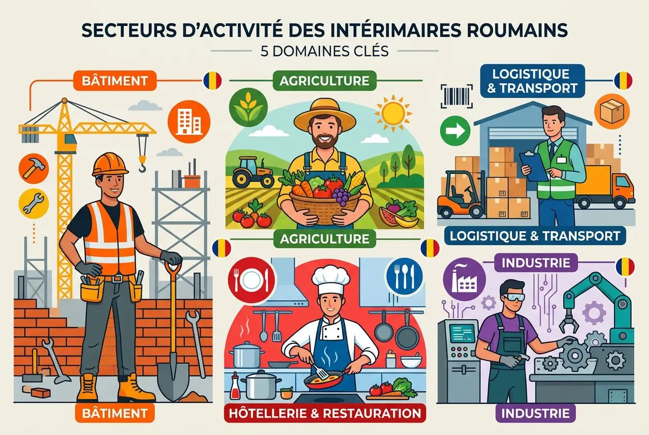 Illustration des secteurs d’activité des intérimaires roumains: bâtiment, agriculture, logistique et transport, industrie, hôtellerie & restauration, avec des travailleurs et équipements correspondants. Agence intérim roumaine france présentée.