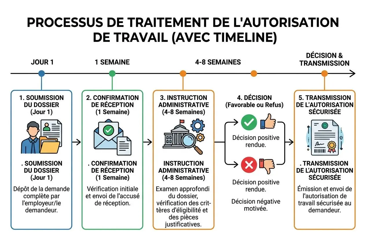 Processus de traitement de l'autorisation de travail: étapes de soumission, réception, instruction administrative et décision, avec transmission de l’autorisation sécurisée pour les étrangers. Autorisation de travail en france pour les étrangers.