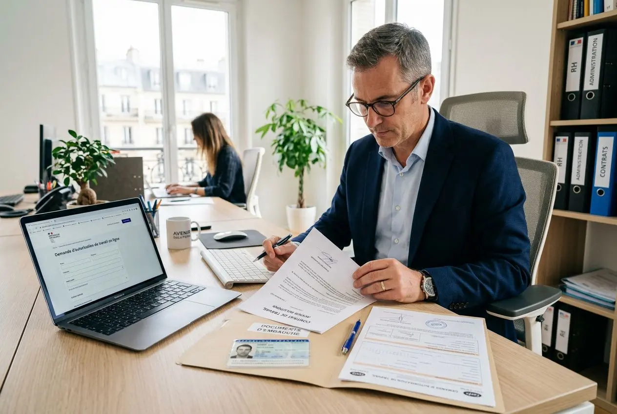 Professionnel en bureau traitant des documents d’autorisation de travail pour étrangers, avec ordinateur portable et dossiers administratifs. autorisation de travail en france pour les étrangers dans la scène.