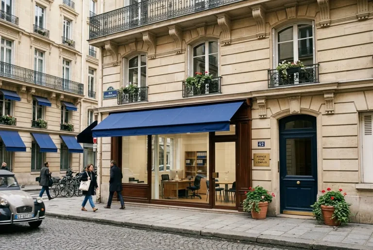 Adaptel intérim hôtellerie restauration travail temporaire paris : facade d'agence Adaptel sur rue parisienne avec vitrine et terrasse bleu pâle.