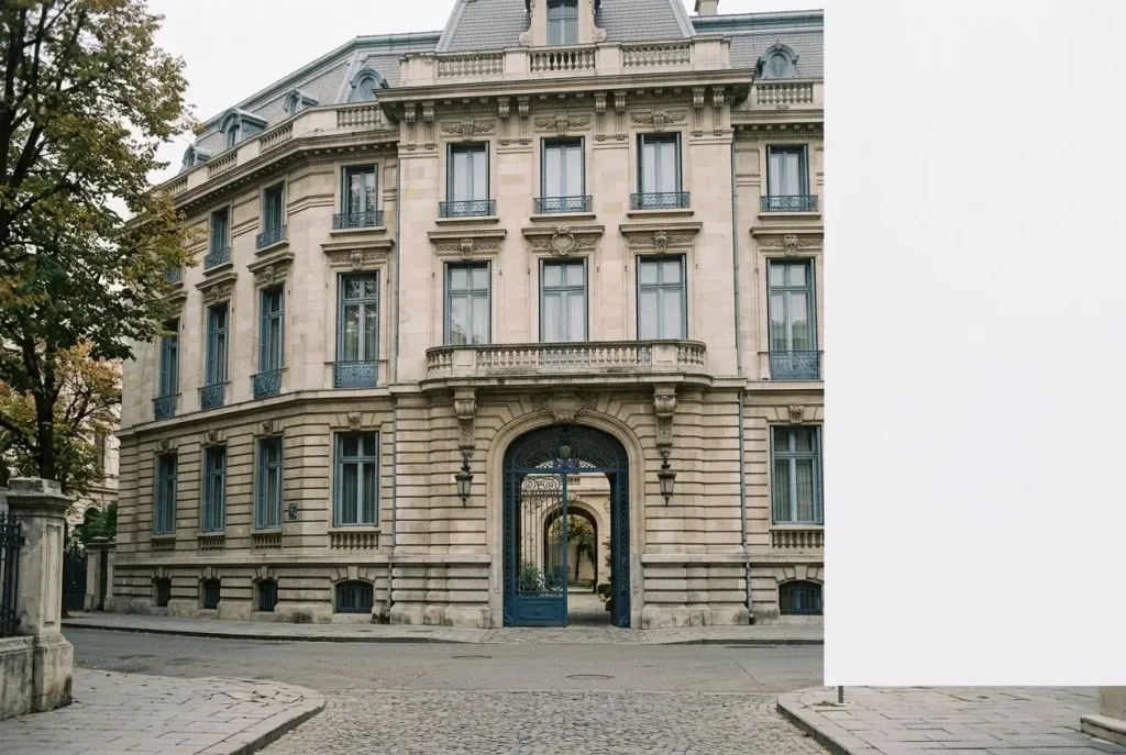 Ambassade de France en Roumanie offre d'emploi : façade élégante d'un bâtiment ancien à Bucarest avec porte arquée et fenêtres symétriques.