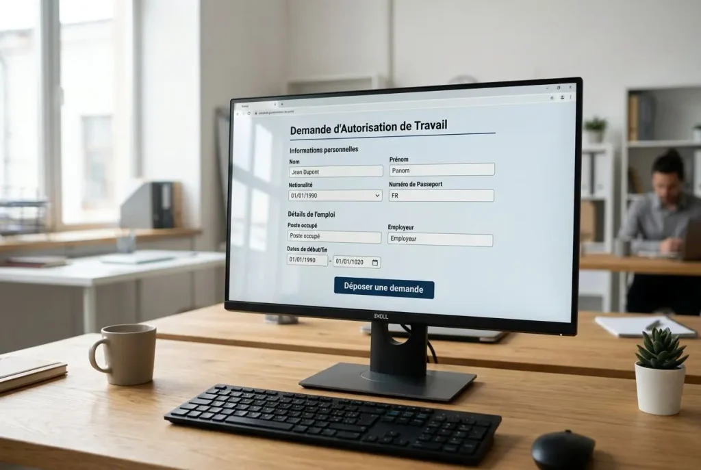 Demande d’autorisation de travail affichée sur un écran d’ordinateur au bureau, formulaire en ligne prêt à déposer une demande ANEF autorisation de travail pour salarié étranger.