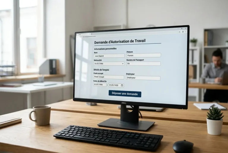 Demande d’autorisation de travail affichée sur un écran d’ordinateur au bureau, formulaire en ligne prêt à déposer une demande ANEF autorisation de travail pour salarié étranger.