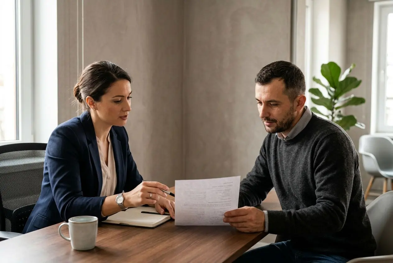 Deux professionnels lors d’un entretien, discutant un document sur une table en bois, ambiance bureau. agence recrutement roumains temporaires intégrée naturellement.