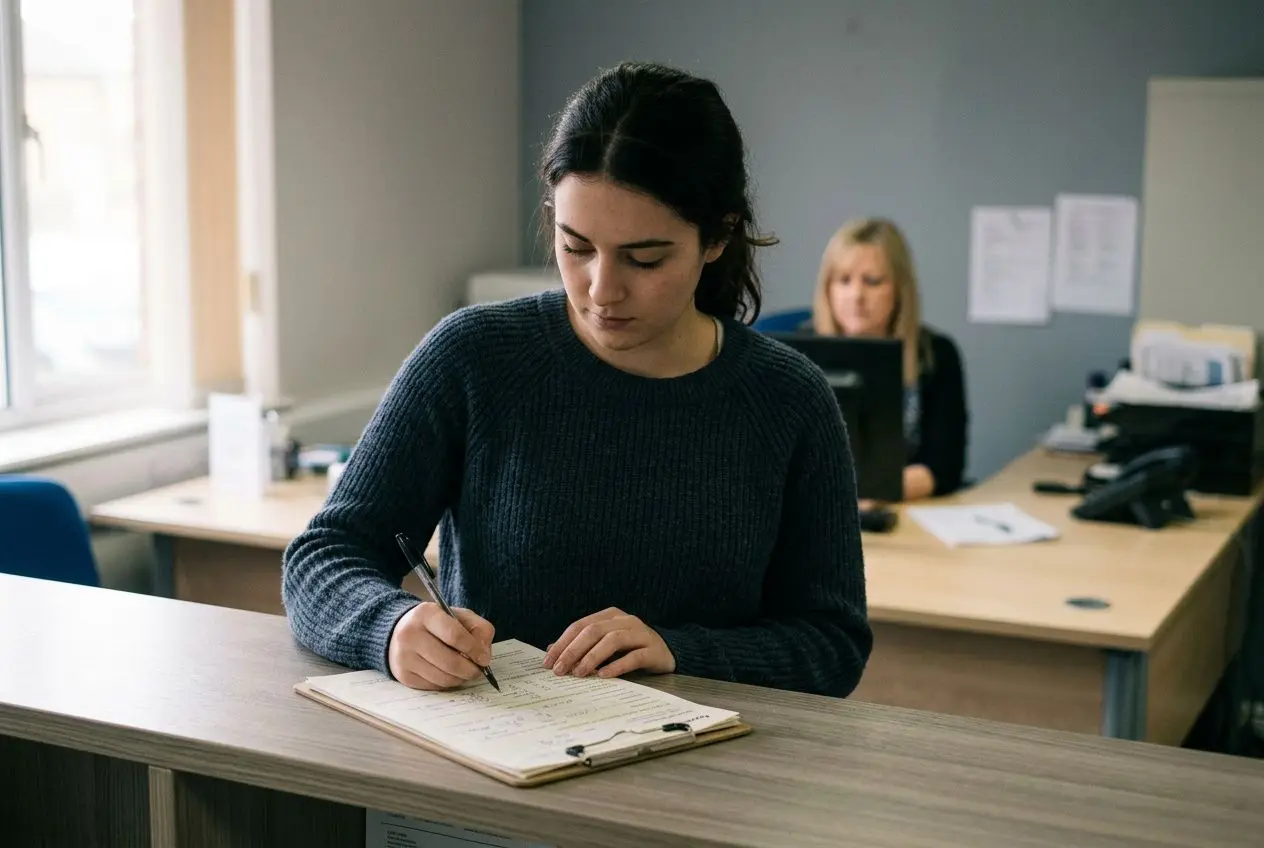 Femme assise à son bureau, écrivant dans un cahier en interior bureautique, une collègue au fond. Arrêt maladie intérim fin de mission.