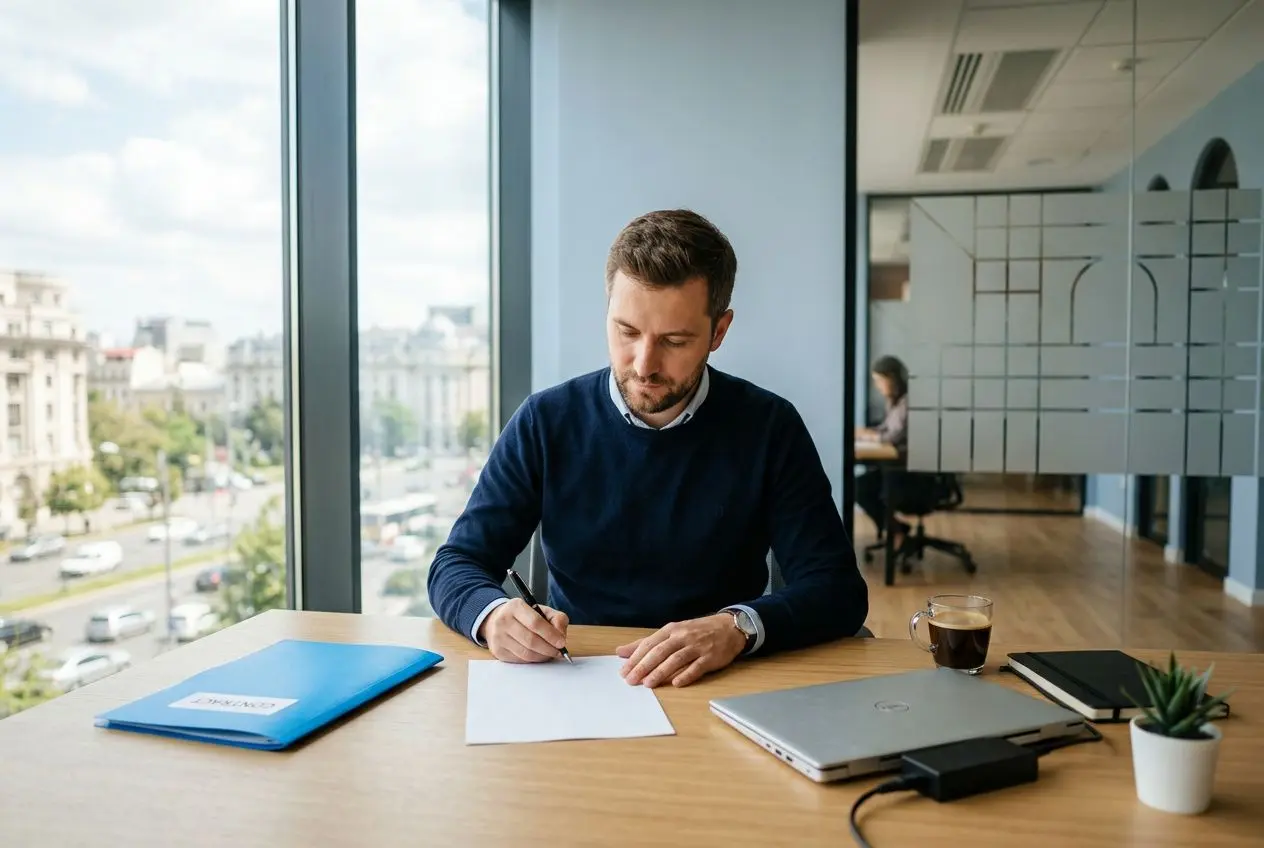 Homme d’affaires signant un document sur un bureau lumineux, avec ordinateur portable et carnet, près d’une grande baie vitrée. Avantages de travailler en Roumanie.
