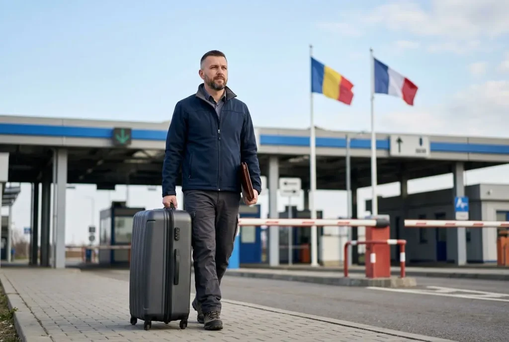 Salarié détaché marchant devant un poste frontière, traînant une valise et portant un classeur, drapeaux nationaux en arrière-plan. assurance travail détaché obligatoire intégrée naturellement.