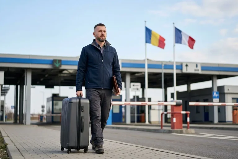Salarié détaché marchant devant un poste frontière, traînant une valise et portant un classeur, drapeaux nationaux en arrière-plan. assurance travail détaché obligatoire intégrée naturellement.