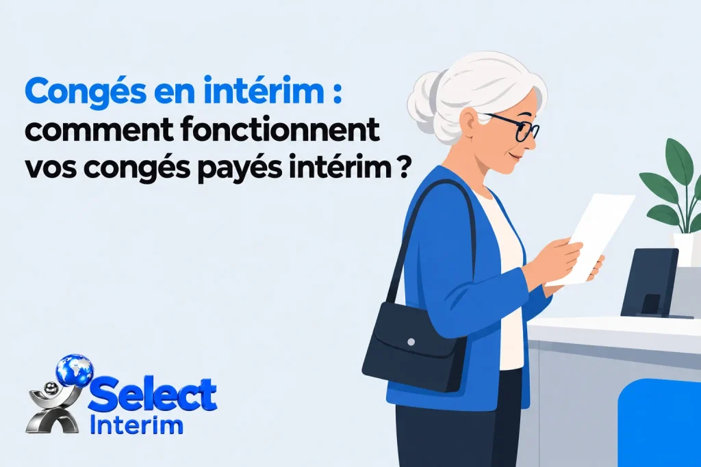 Congés en intérim : une femme d’âge moyen lit un document à un comptoir bulle informatif sur les congés payés intérim, logo Select Intérim sur fond clair.
