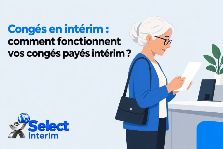Congés en intérim : une femme d’âge moyen lit un document à un comptoir bulle informatif sur les congés payés intérim, logo Select Intérim sur fond clair.