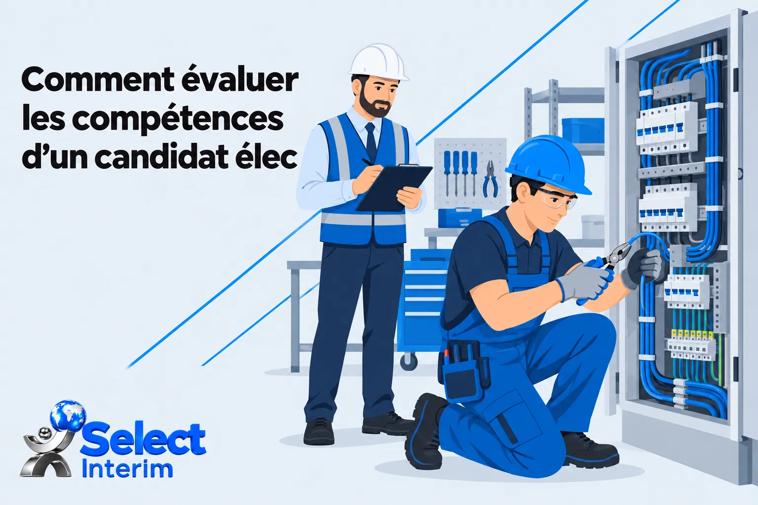 Deux électriciens en atelier travaillent sur un tableau électrique, l’un debout prend des notes tandis que l’autre est