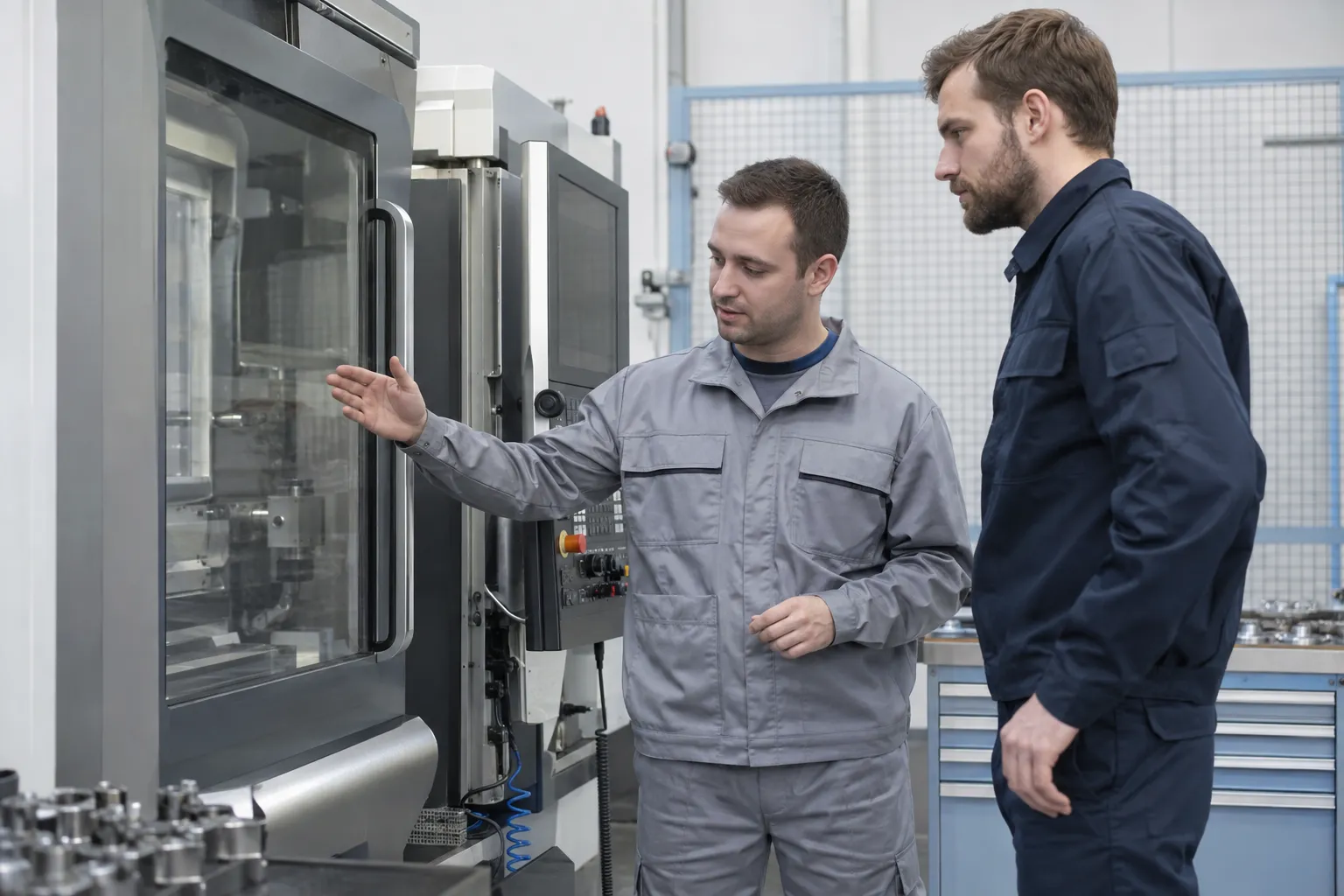 Deux électriciens industriels discutent devant une machine-outil dans un atelier.