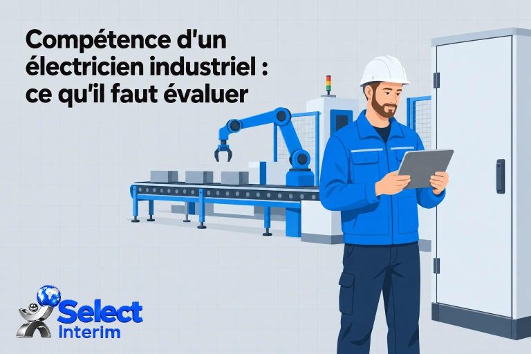 Un électricien industriel en combinaison bleue lit une tablette devant une machine et un robot sur une chaîne de fabrication.