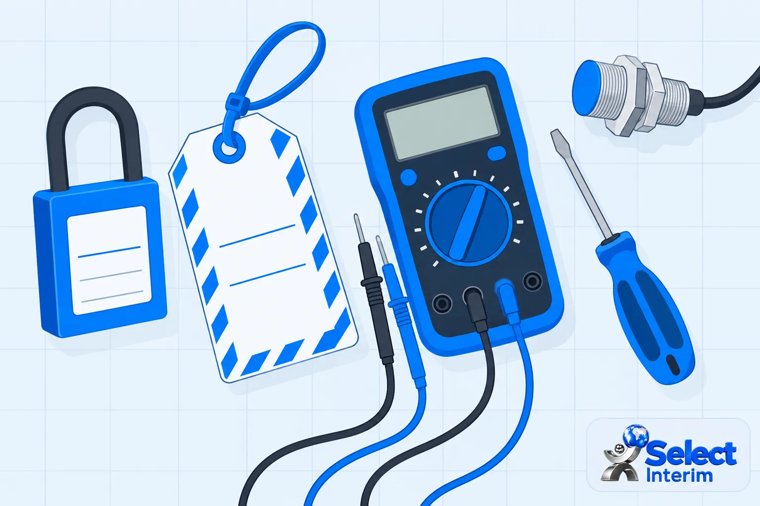 Outil de diagnostic électrique avec multimètre et étiquette de sécurité sur fond bleu.
