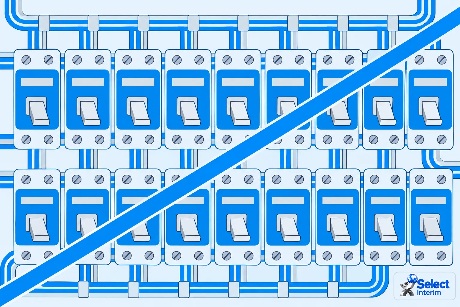Panneaux et interrupteurs électriques alignés dans une installation électrique, avec des chemins de câbles bleus en