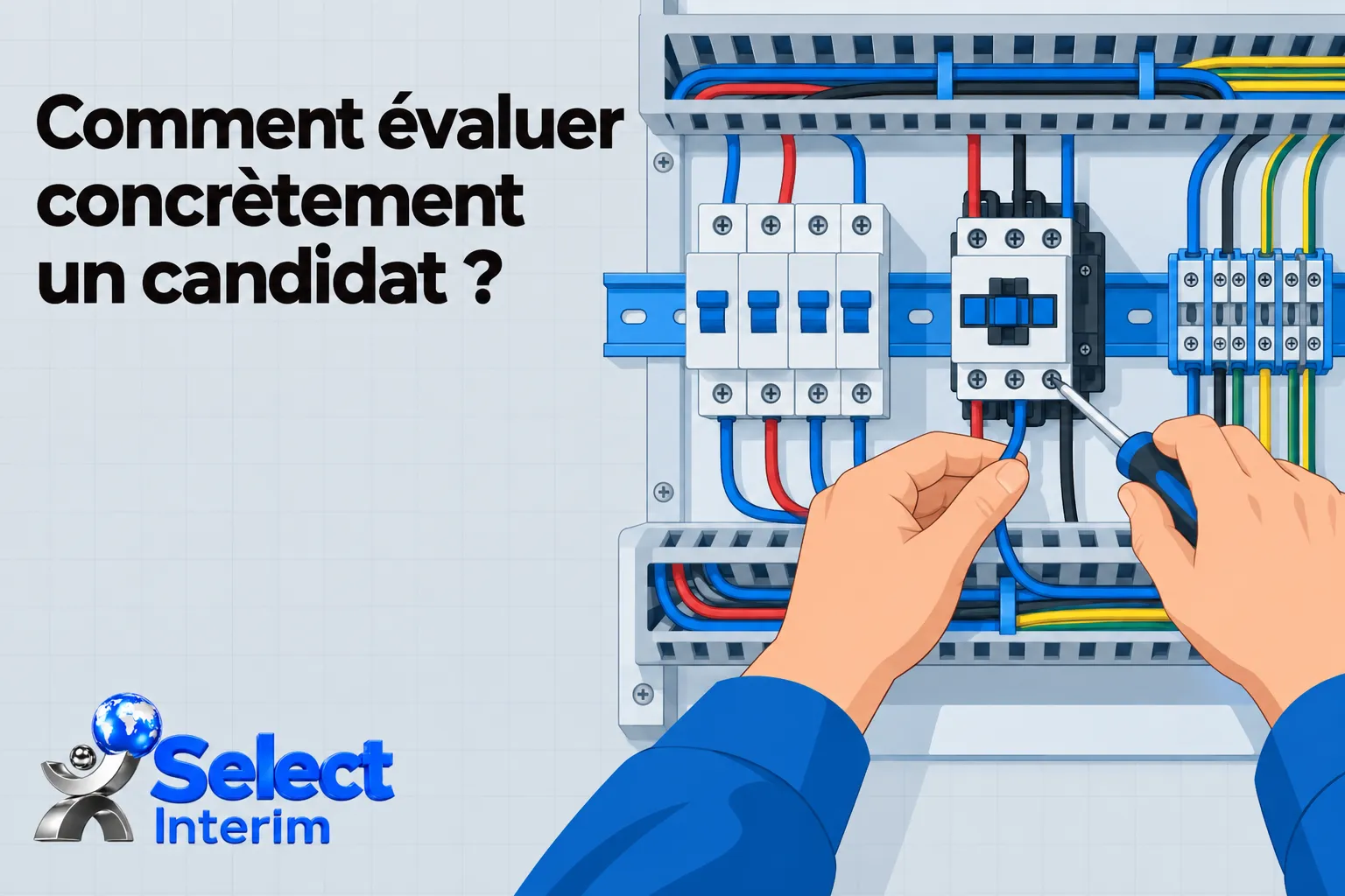 Une personne utilise un outil pour manipuler des fils dans un tableau électrique.