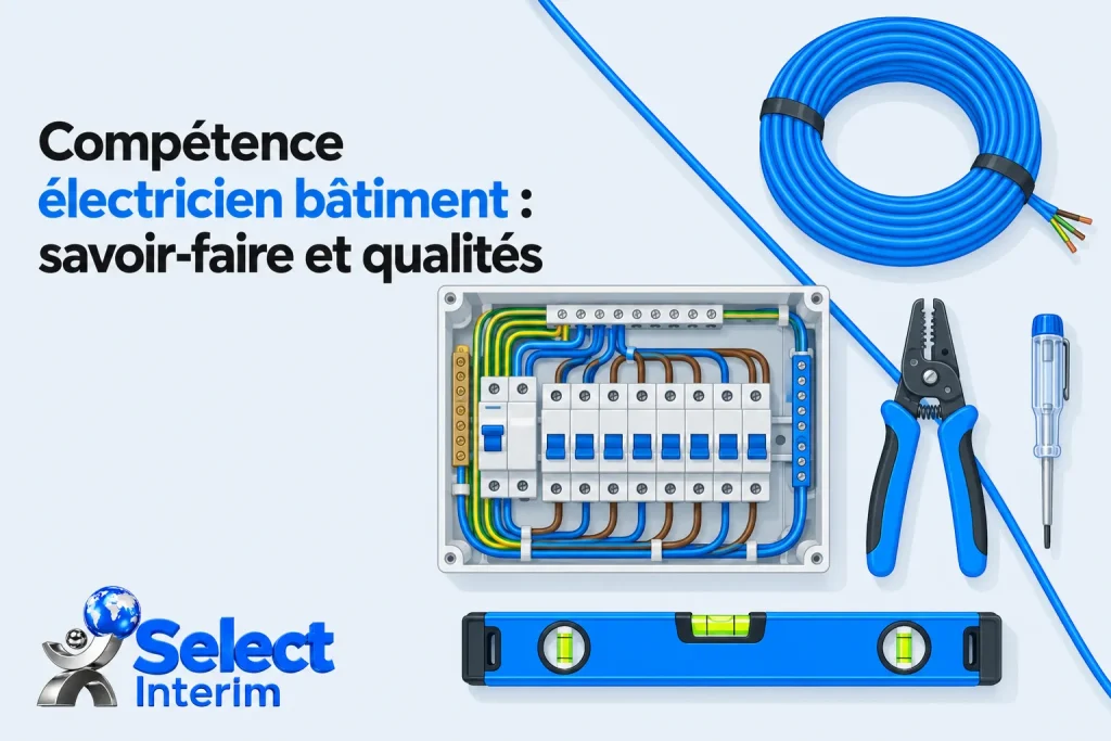 Tableau électrique avec câbles et outils montrant les composants d’installation électrique et des outils de bricolage.