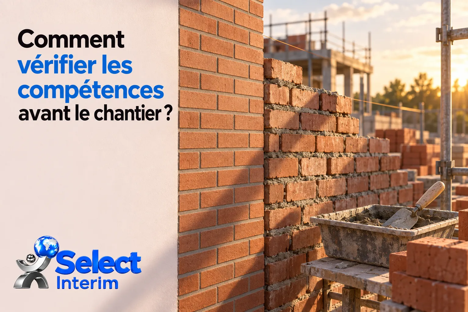 Comment vérifier les compétences d’un maçon sur un chantier en construction avec des briques et un seau à mâchoire sur le
