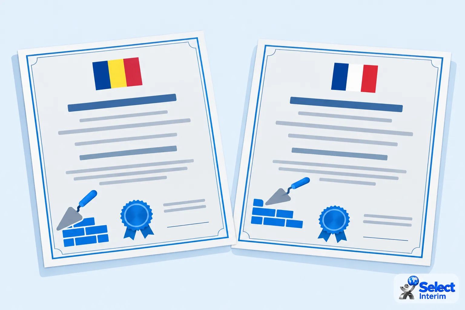 Deux certificats remis à plat avec des drapeaux et des sceaux bleus.