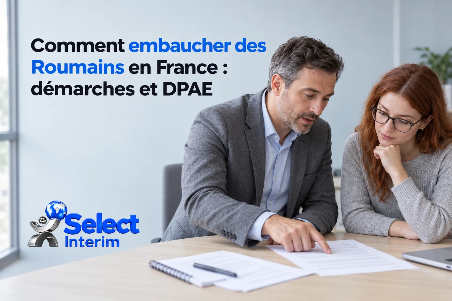 Deux professionnels consultent des documents sur une table dans un bureau.