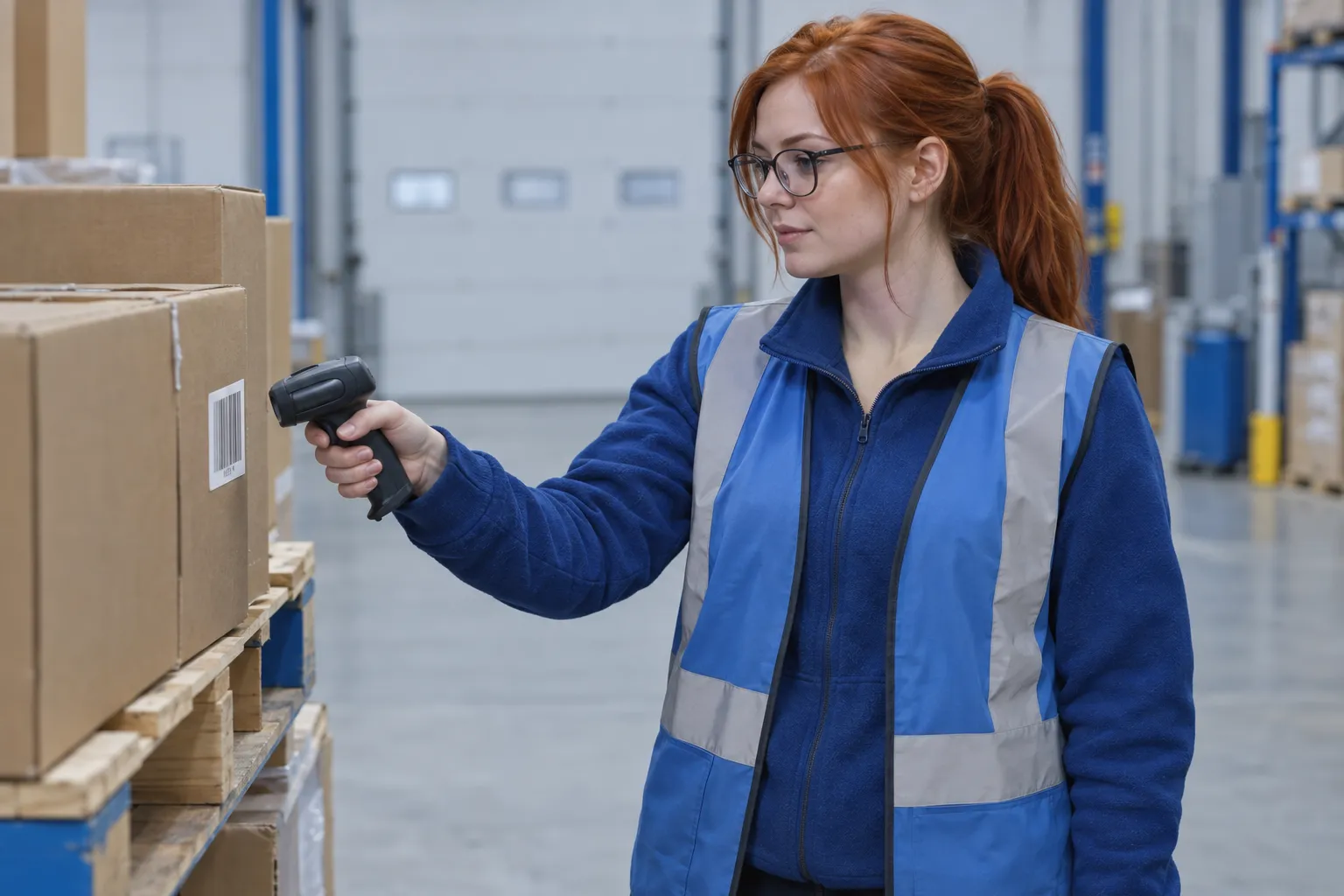 Une femme portant un gilet réfléchissant scanne un colis avec un lecteur de code-barres dans un entrepôt.