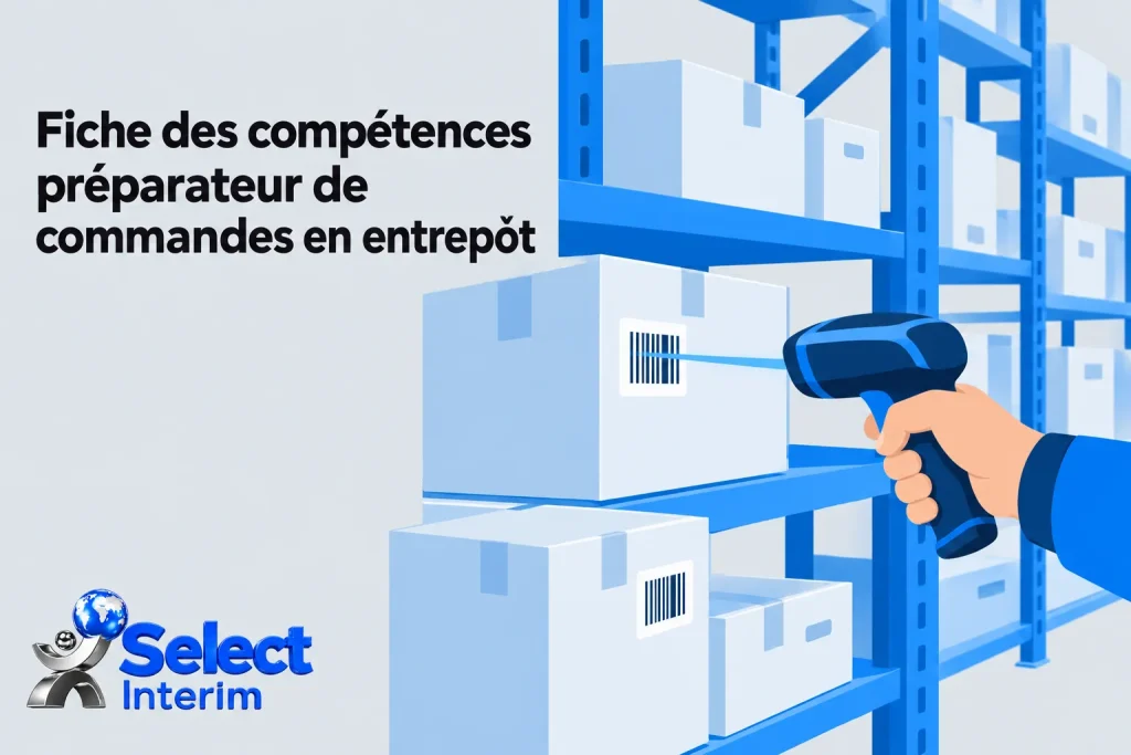 Fiche des compétences du préparateur de commandes en entrepôt, mettant en scène un opérateur utilisant un lecteur pour scanner des colis sur des rayonnages. compétence logistique préparateur de commande.