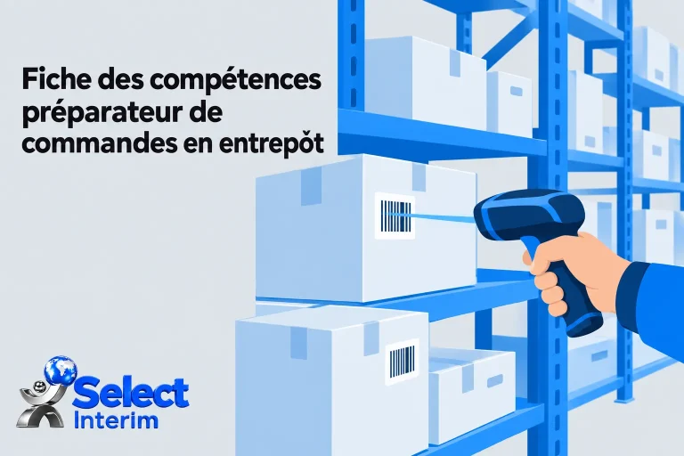Fiche des compétences du préparateur de commandes en entrepôt, mettant en scène un opérateur utilisant un lecteur pour scanner des colis sur des rayonnages. compétence logistique préparateur de commande.