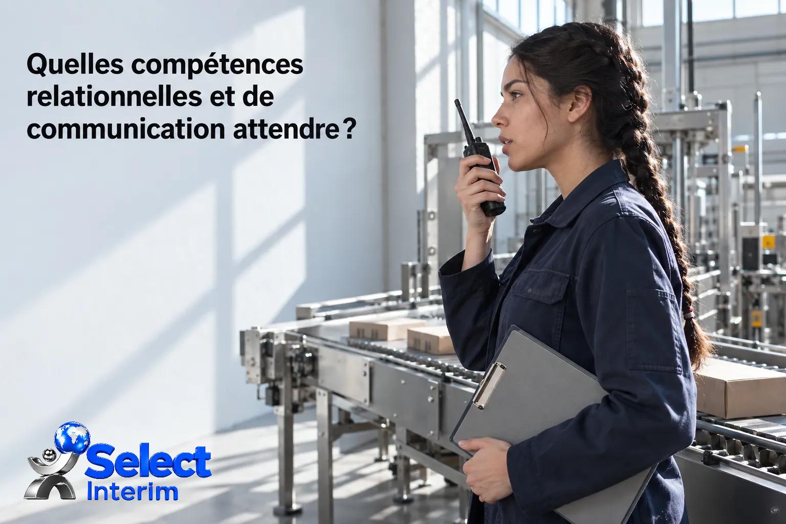 Une jeune superviseure en tenue de travail parle dans un talkie-walkie près d’une ligne de production avec un bloc-notes.