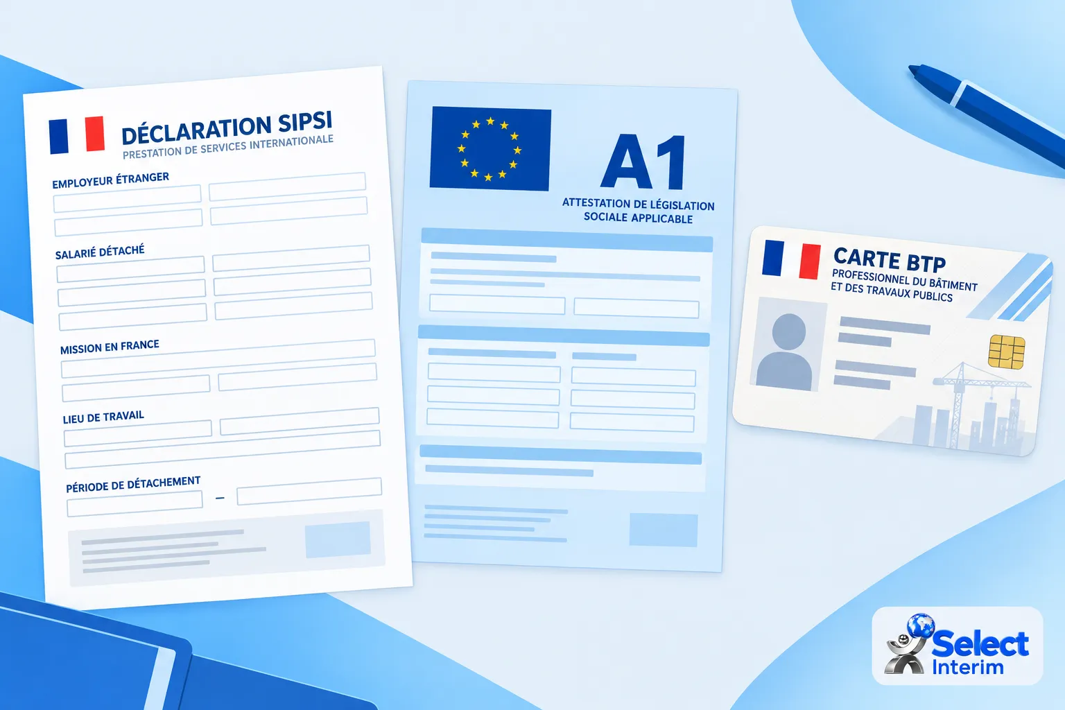 Papiers d’embauche et d’immigration disposés sur une surface bleue: une déclaration SIPSI, une attestation A1 et une carte