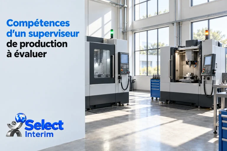 Salle de production moderne avec des machines-outils CNC et postes de contrôle.