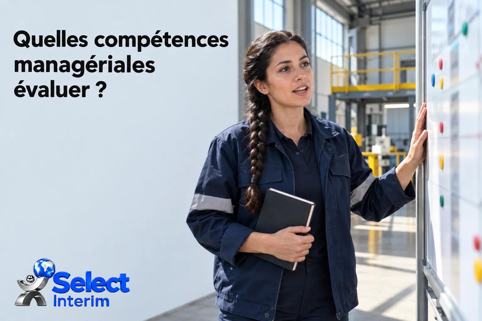 Une superviseure de production en tenue de travail regarde un tableau blanc dans une usine, tenant un carnet près du corps.